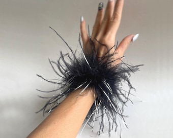 Black and Silver Glitter Feather Cuffs: Glam Party Wristlets, Halloween New Year Party Accessory