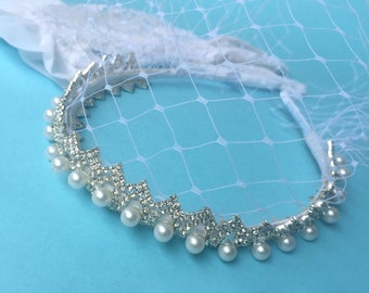 White Birdcage Veil Headband, Pearl Birdcage Veil, Fascinator Veil with Rhinestone and Pearl Veil, Bridal Face Veil, Bachelorette Veil