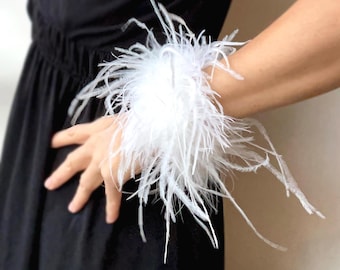 White Ostrich Feather Cuffs: Bridal Wedding Hens Party Wristband