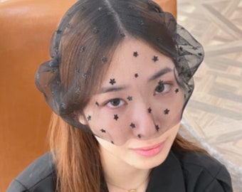May include: A black sheer veil with a star pattern. The veil covers the face and hair.