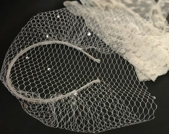 Ivory Bird Cage Veil with Crystal, Ivory Crystal Fascinator Veil, Bridal Wedding Veil, Veil Headband Bachelorette, Ivory Full Face Veil