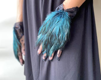 Feather Lace Gloves: Black Green Roaster Tail Masquerade Party Accessory