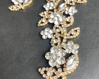 3d Rhinestone Flower Leaf Applique for Costumes Crafts, Gold Silver Rhinestone Bridal Applique, Crystal Flower Dress Trim