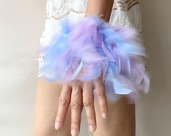 Blue Purple Feather Cuffs: Lilac Glam Prom Dance Masquerade Wristlet Bracelet Gloves
