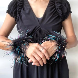 Fluffy Black Ostrich Feather Cuffs Bracelet, Feather Slap Bracelet, Gatsby Vintage Party, Masquerade Ball Party, Gifts for Girlfriend