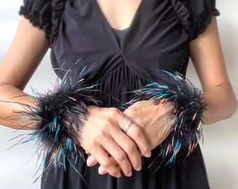 Fluffy Black and Colorful Ostrich Feather Cuffs: Gatsby Party Feather Bracelet, Bridgerton Gloves Accessory