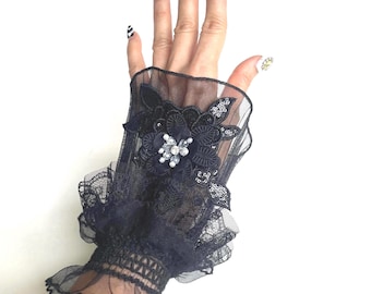 Black Ruffled Lace Gloves, Beaded Tulle Cuffs, Formal Evening Accessory