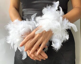 White Turkey Feather Cuffs: Adjustable Glam Party Wristbands, Wedding Gloves, Birthday Gloves