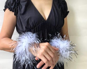 White and Black Ostrich Feather Bracelet Cuffs: Goth Witch Masquerade Garden Tea Party Wrist Band