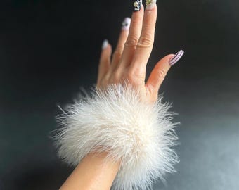 Beige Marabou Feather Wrist Cuffs: Fluffy Fur Bracelet, Glamour Party