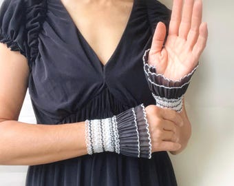 Ruffled Lace Wrist Cuffs, Black White Pleated Fabric Gauntlets
