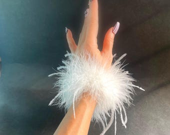 White Ostrich Feather Cuff: Detachable Wrist Band, Prom Party Gloves, Angel Costume, Fairy Costume