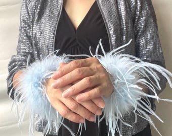 Light Blue Ostrich Feather Cuff Bracelet, Fluffy Boa Prom Costume Gloves