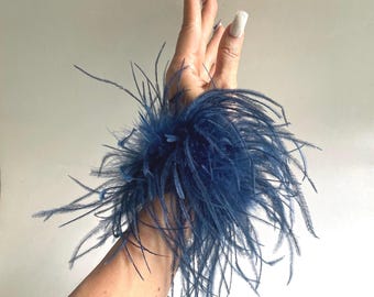 Navy Blue Ostrich Marabou Feather Cuffs, Adjustable Glam Party Accessory