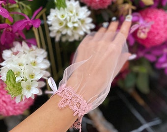 Pink Tulle Gloves, Pink Lace Cuffs, Pink Lace Gloves, Bridesmaids Gloves, Tea Party, Garden Party, Birthday Party, Prom Party