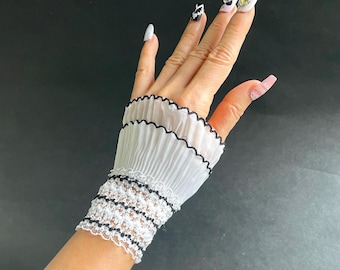 Ruffled Lace Wrist Cuffs, White Black Pleated Fabric Bracelet Gloves