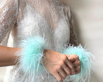 Tiffany Ostrich Feather Cuff, Boa Bracelet, Prom Party Cuffs, Angel Costume, Fairy Costume, Vintage Party Feather Gloves