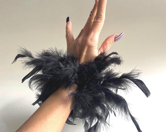 Black Turkey Feather Snap Cuffs: Gothic Wristband, Witchy Costume, Prom Dance Party Sleeves Cuffs