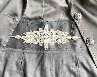 Silver Crystal Rhinestone Applique, Vintage Style Motif, Bridal Sash, Dress, Hair Accessory