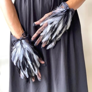 Elegant Back Feather Gloves, Black Fur Gloves, Hens Night Formal Party Prom Dance Masquerade Ball Goth Victorian Burlesque Fantasy Wedding
