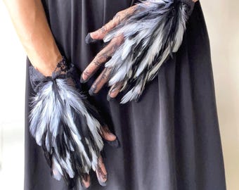 Black Feather Lace Gloves: Victorian Burlesque Masquerade Costume