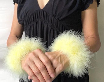 Yellow Marabou Feather Cuffs: Fluffy Fur Bracelet for Glamour Parties and Weddings