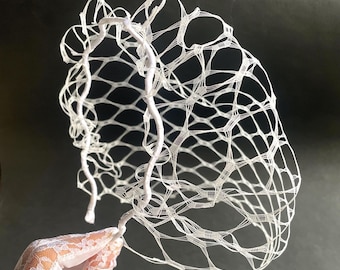 White Birdcage Veil: Handmade Ribbon Headband, Bridal Face Veil