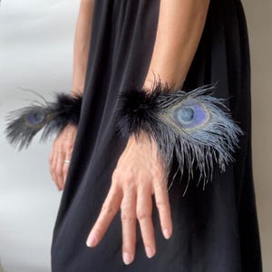 Black Ostrich Peacock Feather Cuffs, Feather Wrist Slap Band, Removable Feather Sleeve Bracelet, Wedding, Dinner Party, Gifts for Her