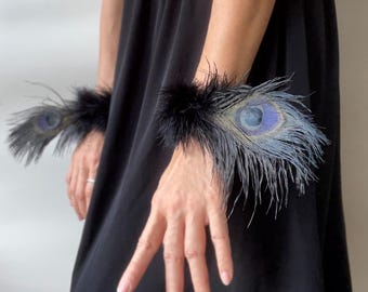 Black Feather Cuffs: Ostrich, Peacock, Marabou Feather Wrist Slap Band