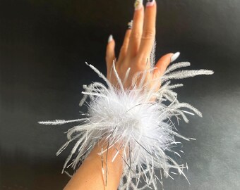 Glitter Silver and White Feather Cuffs: Bridal Shower Party Accessory