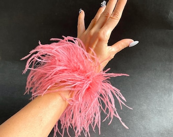 Salmon Pink Ostrich Feather Cuffs: Prom Party Bracelet, Glam Tea Party, Birthday Gloves ONE piece