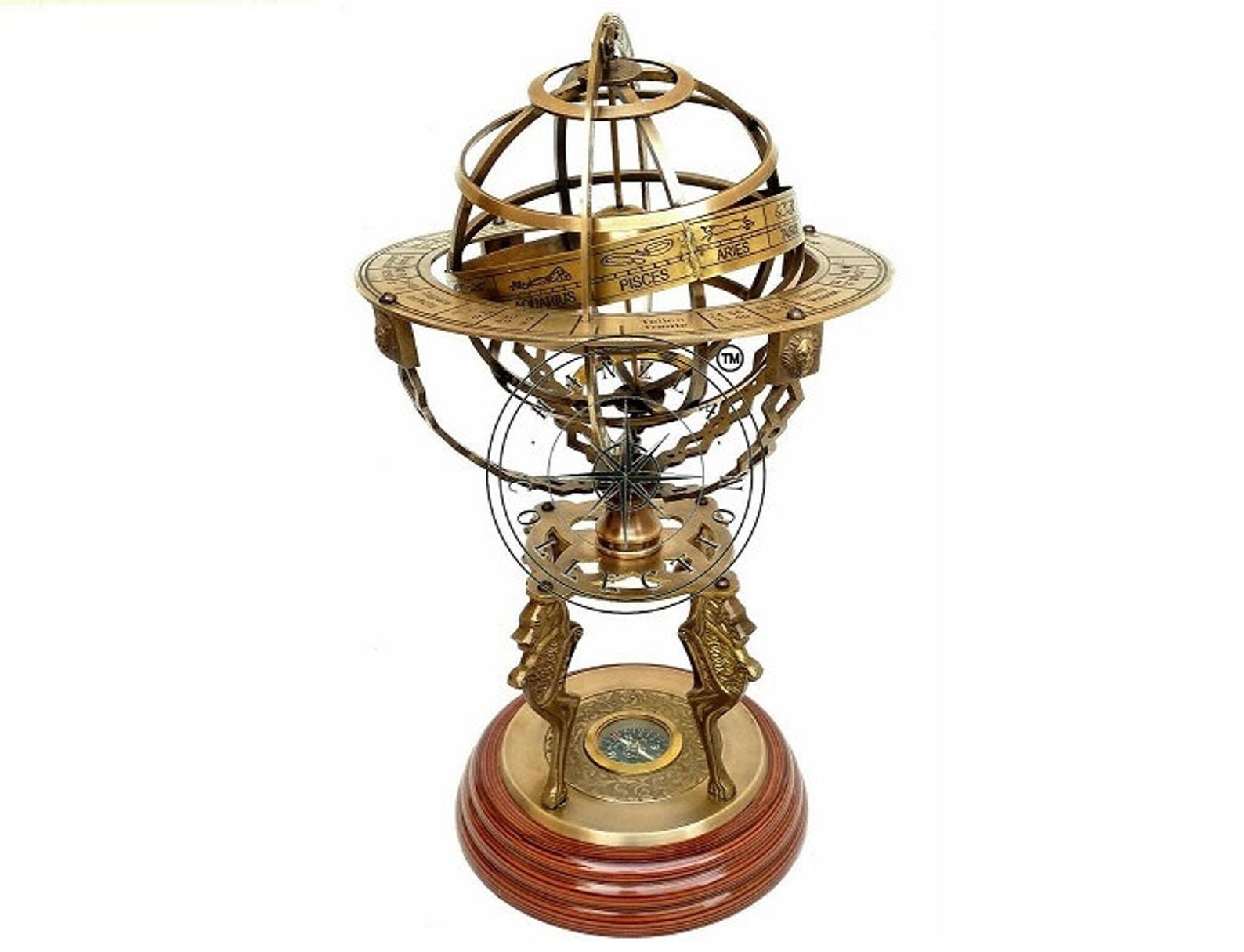 Large 18 Armillary Globe Nautical Brass Sphere Globe Engraved Armillary Antique  Vintage Globe With Working Compass in Wooden Base 
