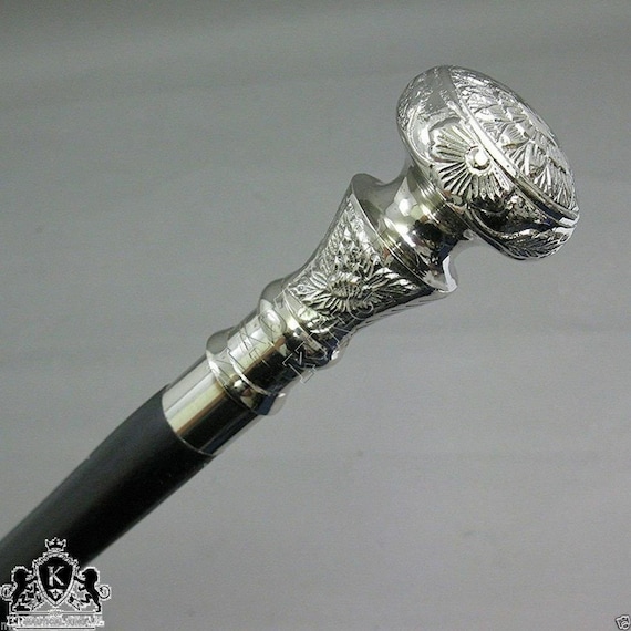 Shinny Silver Brass Head Handle Black Wooden Shaft Walking Stick Cane Solid gift 