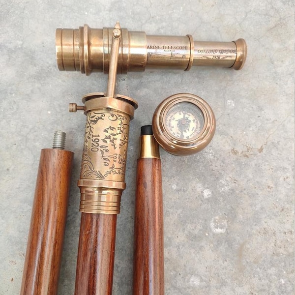 Travail GRAVÉ 1920 DOLLOND LONDRES Télescope victorien Boussole sur le dessus Spyglass Poignée Bâton de marche Steampunk Walking Cane Cadeau