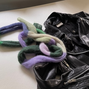 Skinny  fluffy mohair silk scarf - thin and long - colourful stripes - green purple shades - one of a kind - made to order - natural yarn