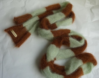 Skinny fluffy mohair silk scarf - thin and long - mint green and brown - natural yarn - versatile accessory - soft knitted scarf