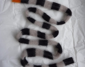 Mini skinny fluffy mohair silk scarf - soft thin knitted scarf - black beige stripes - versatile decoration - hair accessory - mohair bow