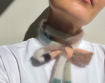 Mini skinny fluffy mohair silk scarf - soft thin knitted scarf - peach green brown black stripes - versatile decoration - mohair bow