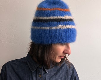 Fluffy mohair silk hat - thick and warm - colourful blue orange black ecru stripes - reversible hat - ready to ship - mohair beanie