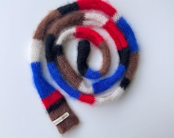 Small skinny fluffy mohair silk scarf - soft thin knitted scarf - multicolored stripes - versatile decoration -  mohair bow - small scarf