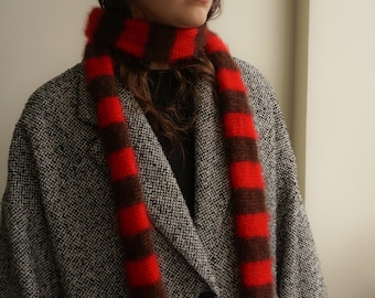 Slim fluffy knitted mohair silk scarf - - dark brown and bright red stripes