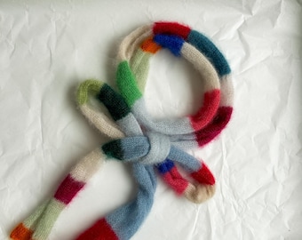 Hand Knitted Mohair Silk Scarf – Multicolored Stripes, Soft Natural Yarn Accessory