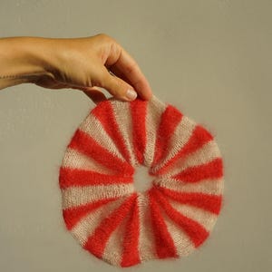 Red ecru striped mohair scrunchie - cute hair accessory - colourful scrunchie - women's hair accessory