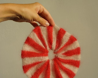 Red ecru striped mohair scrunchie - cute hair accessory - colourful scrunchie - women&#39;s hair accessory