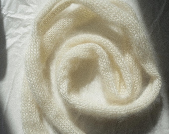 Small skinny fluffy white mohair silk scarf - soft thin knitted scarf - natural dreamy white  - versatile decoration - ribbon