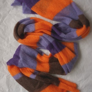 Thin big mohair silk scarf - wide and long - colourful stripes - orange brown purple - ready to ship - natural yarn - knitted blanket scarf