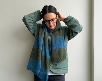 Soft knitted mohair silk scarf - blue jeans and dark green stripes - fluffy shawl - knitted scarf - natural yarn - big wide scarf