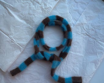 Mini skinny fluffy mohair silk scarf - soft thin knitted scarf - blue brown stripes - versatile decoration - hair accessory - mohair bow