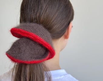 Brown mohair scrunchie with red bright stripe - hair accessory - women's hair tie - oversized scrunchie