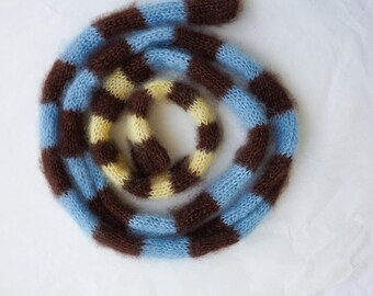 Hand-Knitted Mohair Silk Skinny Small Scarf – Brown, Light Blue, Yellow Stripes